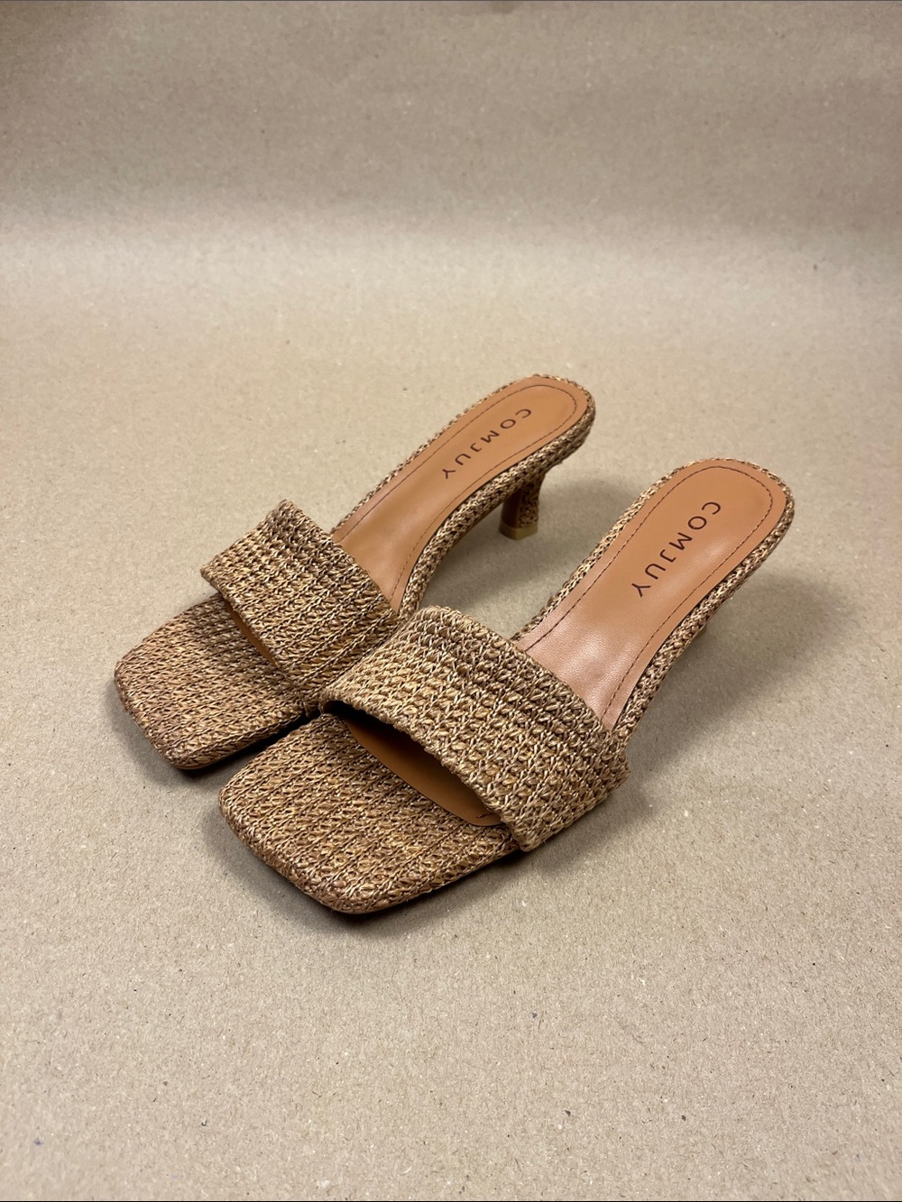 COMJUY Woven Raffia Kitten Heel Mules Sz 7 Square Toe Boho Resort Sandals